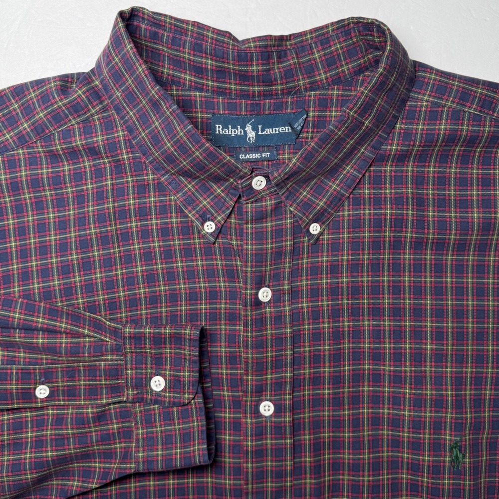 Vintage Polo Ralph Lauren Shirt Mens 4XB Blue Red Plaid Classic Fit Cotton Big